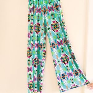 2B Together Wide Leg Pants Size S  Multicolor Aztec Tribal Print Pull On Boho